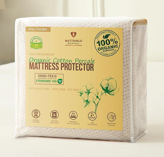 Deluxe Cooling Organic Percale Mattress Protector Full Size - 100% Waterproof - Crisp, Breathable Percale Feel - OCS Certified 280GSM 3D Air-Knit Breathable Mattress Pad - Noiseless Deep Pocket