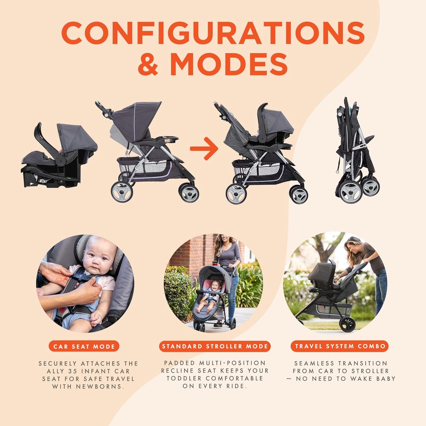 Baby Trend EZ Ride 35 Travel System, Stroller and Infant Car Seat Combo, Doodle Dots - Lightweight and Foldable Compact Design with One Hand Fold and Adjustable Handle