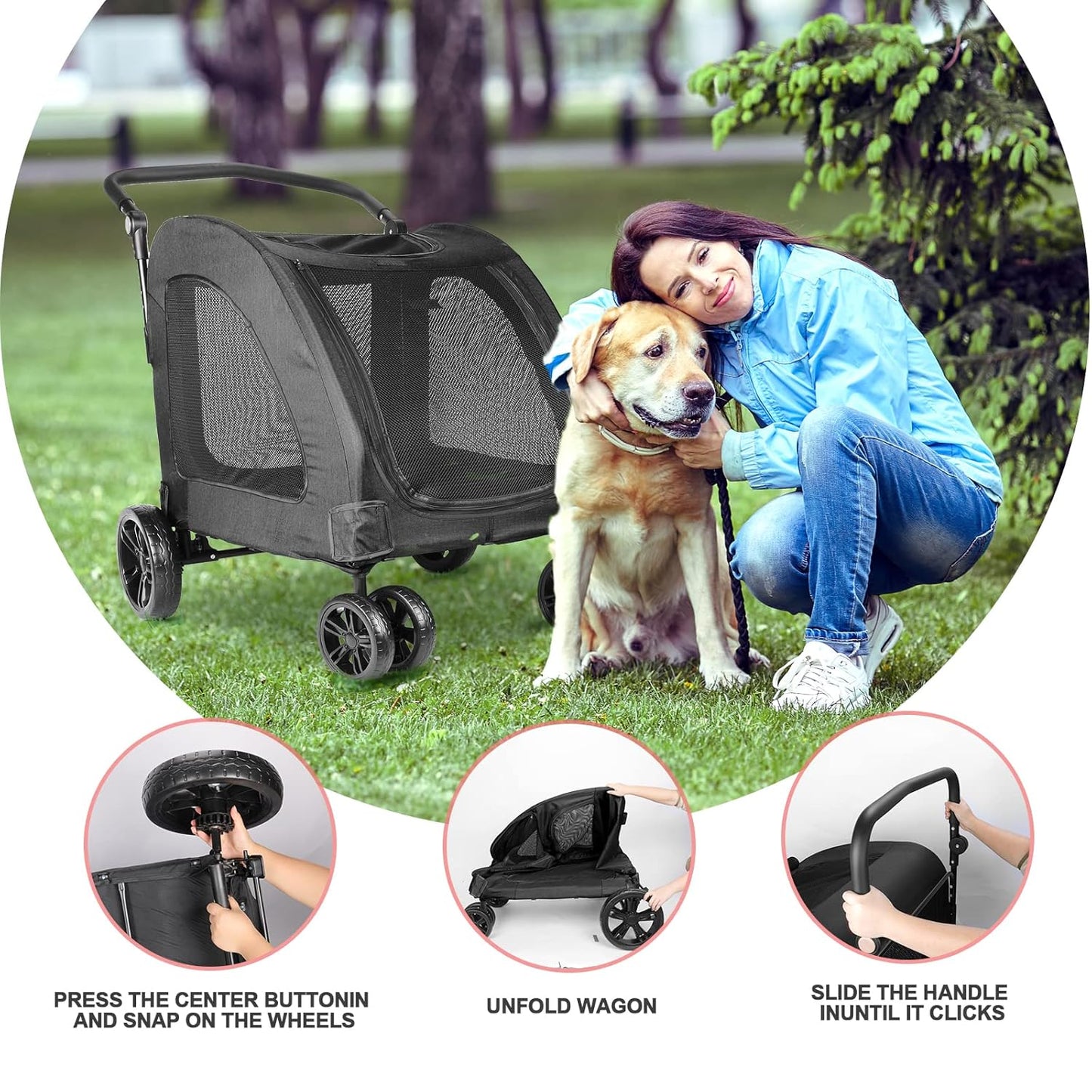 Large Dog Travel Stroller with 4 Heavy Duty Wheels Pet Stroller with Adjustable Handle - Double Doggie Capacity Jogger Wagon with Back Front Door for Small Medium Large Dogs (Dark Light Gray)