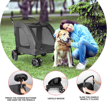 Large Dog Travel Stroller with 4 Heavy Duty Wheels Pet Stroller with Adjustable Handle - Double Doggie Capacity Jogger Wagon with Back Front Door for Small Medium Large Dogs (Dark Light Gray)