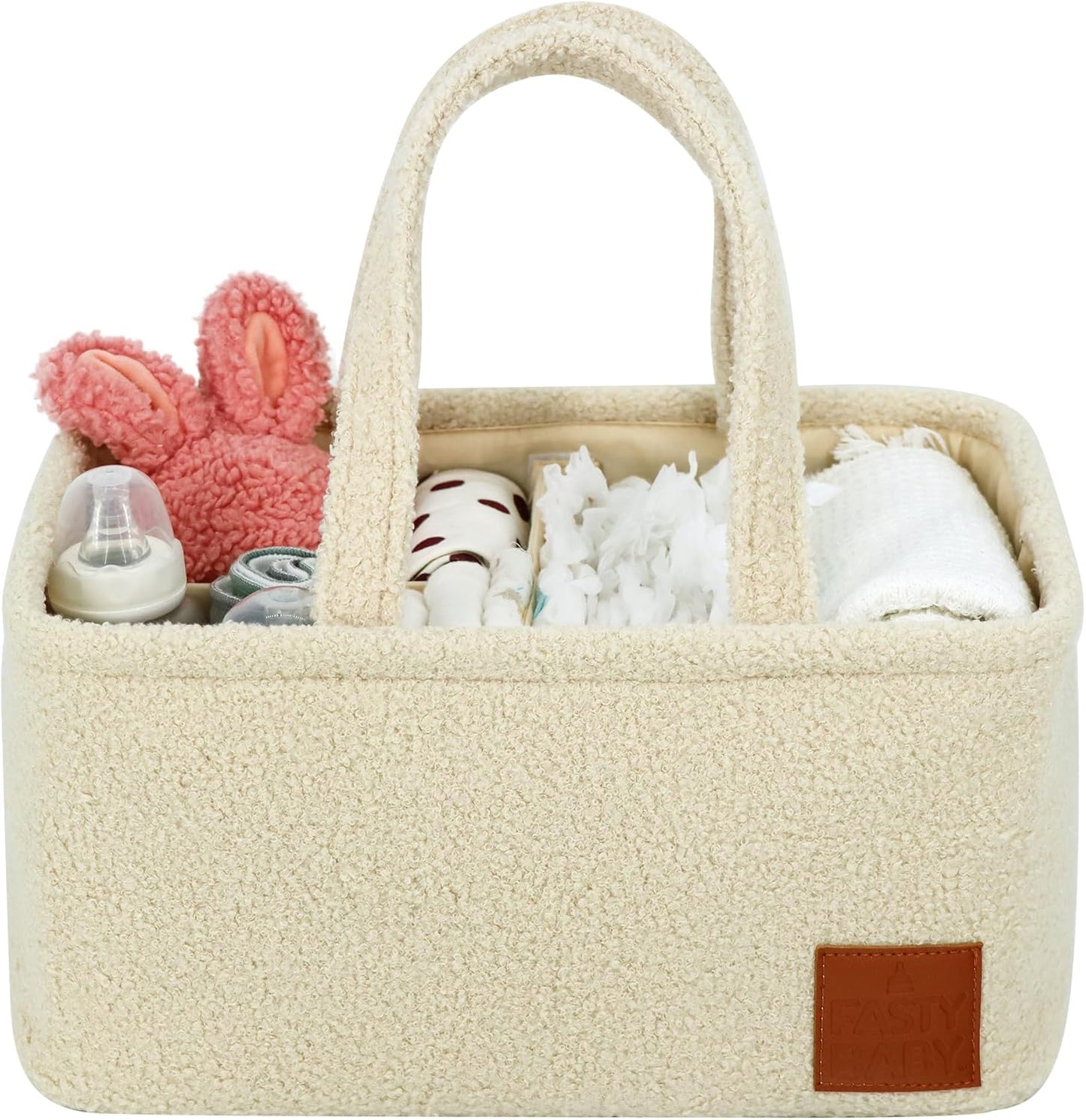 Baby Diaper Caddy Organizer: Soft Beige Teddy Wool - Portable Diaper Caddy, Car Organizer - Newborn Essentials Must Have - Nursery Storage Basket for Baby Essentials. Baby shower & Newborn Gift Idea