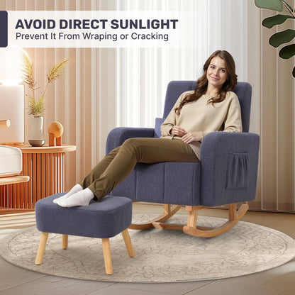 HCHAIRH Nursery Rocking Chair with Ottoman, Upholstered Glider Rocker with High Backrest Side Pocket, Rocking Accent Armchair with Solid Wood Legs for Nursery, Living Room, Bedroom, Light Grey