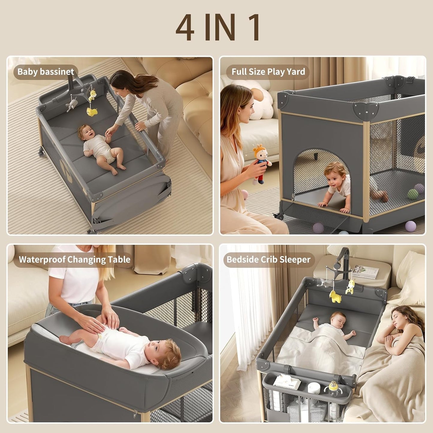 4-in-1 Pack and Play with Bassinet, Bedside Sleeper, Playard, and Changing Table, Folding Travel Crib with Musical Toy Rack & Bag, 4-Level Height Adjust, Newborn to Toddler（Ivy Gray）