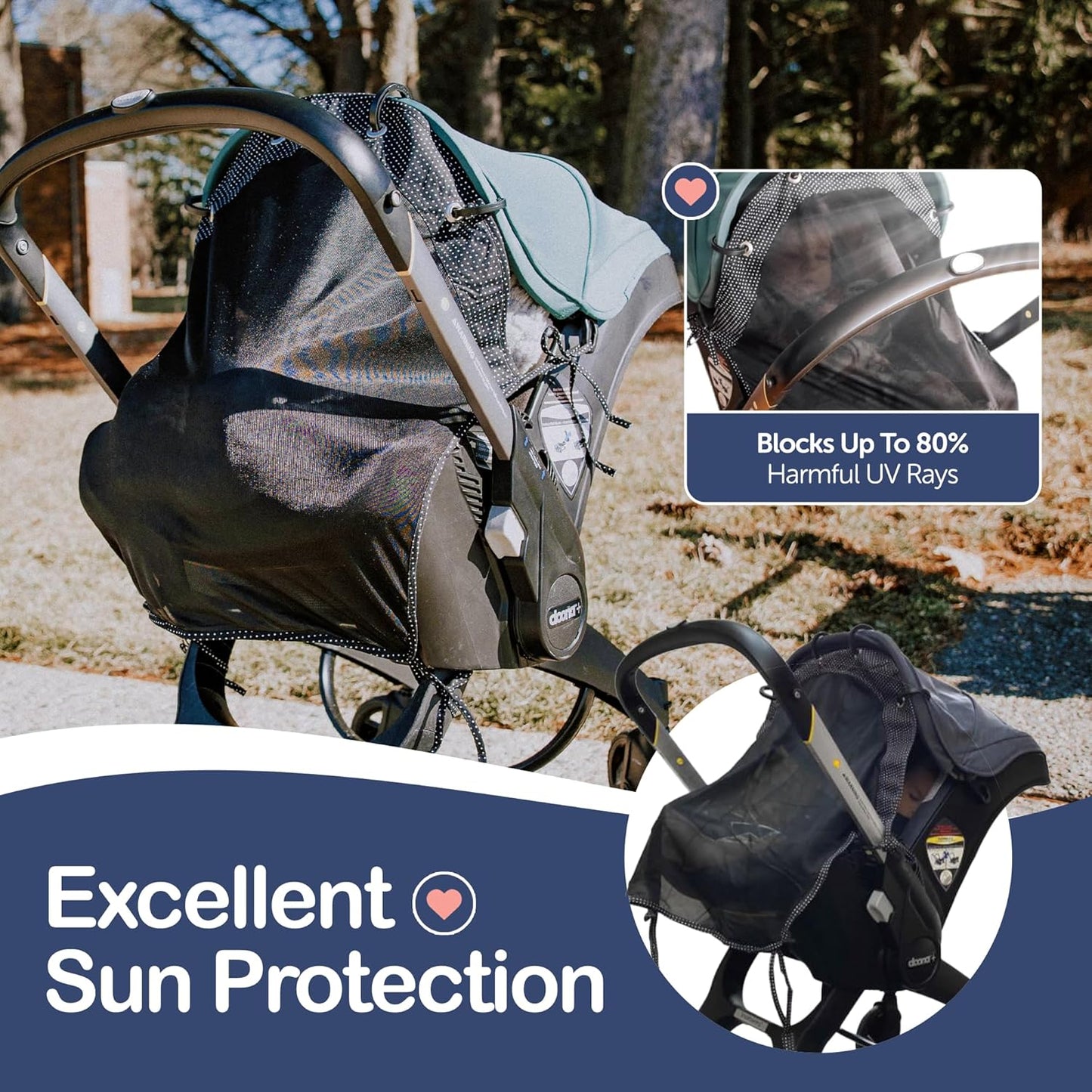 Stroller Sun Shade Extender – Universal Clip-On Baby Stroller Sun Shade Cover, UV Protection, Breathable See-Through Mesh, Adjustable Fit, Large Black