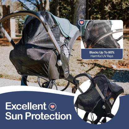 Stroller Sun Shade Extender – Universal Clip-On Baby Stroller Sun Shade Cover, UV Protection, Breathable See-Through Mesh, Adjustable Fit, Large Black
