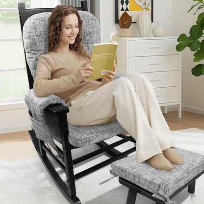 SINOSSO Glider Rocker Cushion Set (5 Pcs), Soft Blended Fabric High-Density Support Foam Seat Cushions with Ties, Fits Rocking Chair/Nursery Glider & Ottoman, Black-Gray