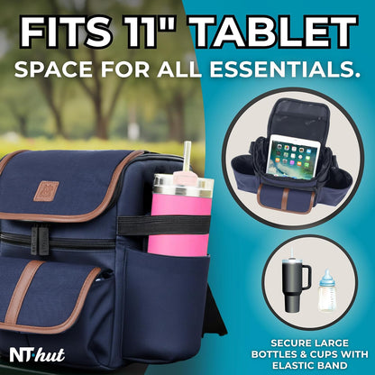 NT·hut Baby Stroller Organizer, Stroller Caddy Bag with 2 Wide Cup Holders & Bottle Straps, Universal Strap Fit, Fits 11" Tablet, Magnetic Pocket, Zipper & Mesh Pockets, Water Resistant 600D (Black)