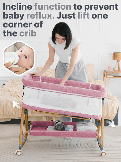 Earth&ME Baby Bassinet Bedside Sleeper with Rocking - All Mesh Portable Bedside Crib for Safe Co-Sleeping, Storage Basket and Wheels, Adjustable Height, Includes Travel Bag, Mosquito Net (Whate, Grey)