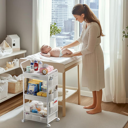 BBLIKE 3-Tier Diaper Caddy Organizer - Rolling Utility Baby Cart with Drawer and Side Pockets for Nursery and Baby Essentials, Multi-Function Cart for Bedroom and Bathroom, White