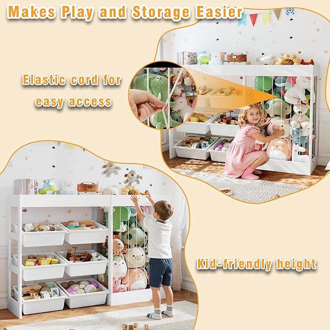 50.6" W Toy Storage, 3-in-1 Large Kids Toy Organizers and Storage with Stuffed Animal Zoo, 6 Removable Plastic Bins, Wooden Toddler Cabinet for Girls Boys Playroom, Nursery, Home Decor(White)