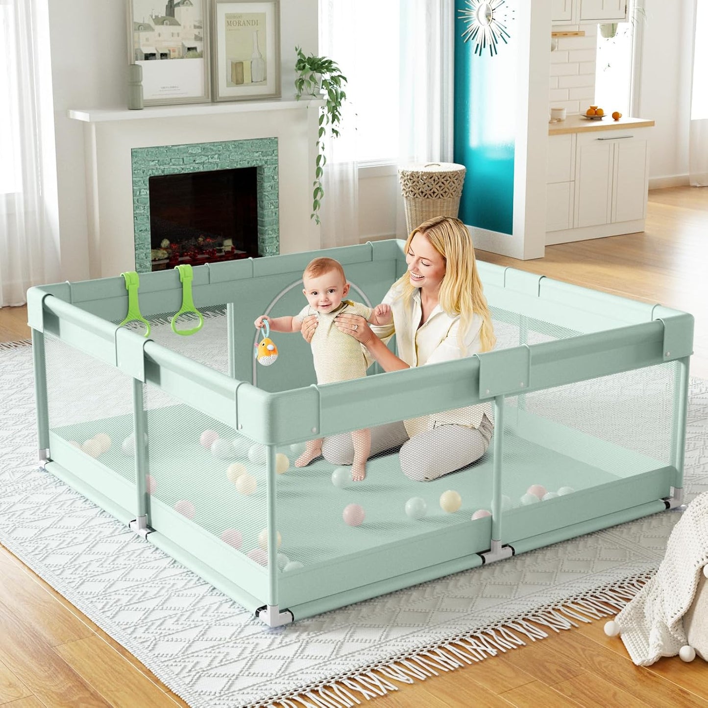 Fodoss Baby Playpen 50×50in, Small Play Pen for Babies and Toddlers, Playpen for Apartment, Play Yard, Activity Fence, Baby Playard with All-Side Mesh, Pull Rings