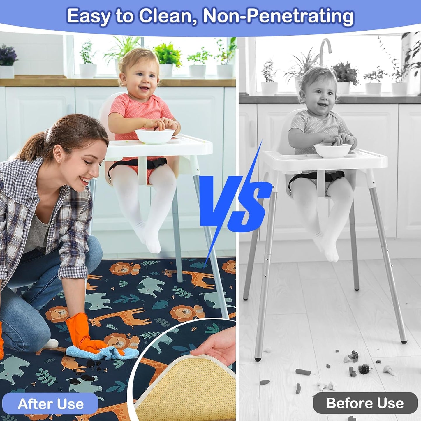 Basumee Splat Mat High Chair Mat Waterproof Baby Play Splat Mat for Under High Chair Food Catcher Highchair Mat for Floor Non Slip Bottom, Pink Rainbow, 46x42 Inches