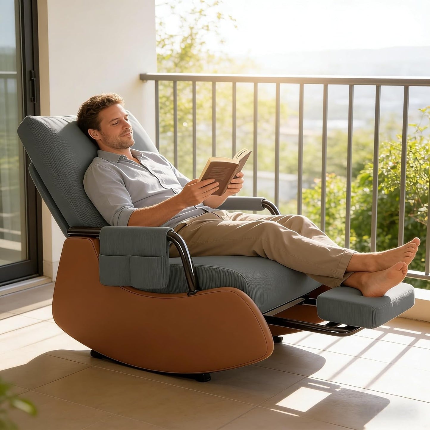 JPBSTO Rocking Chair Nursery, Upholstered Glider Rocking Chair with Side Pocket and Adjustable High Backrest, Comfortable Rocker Recliner with Footrest Perfect for Living Room Bedroom, Beige