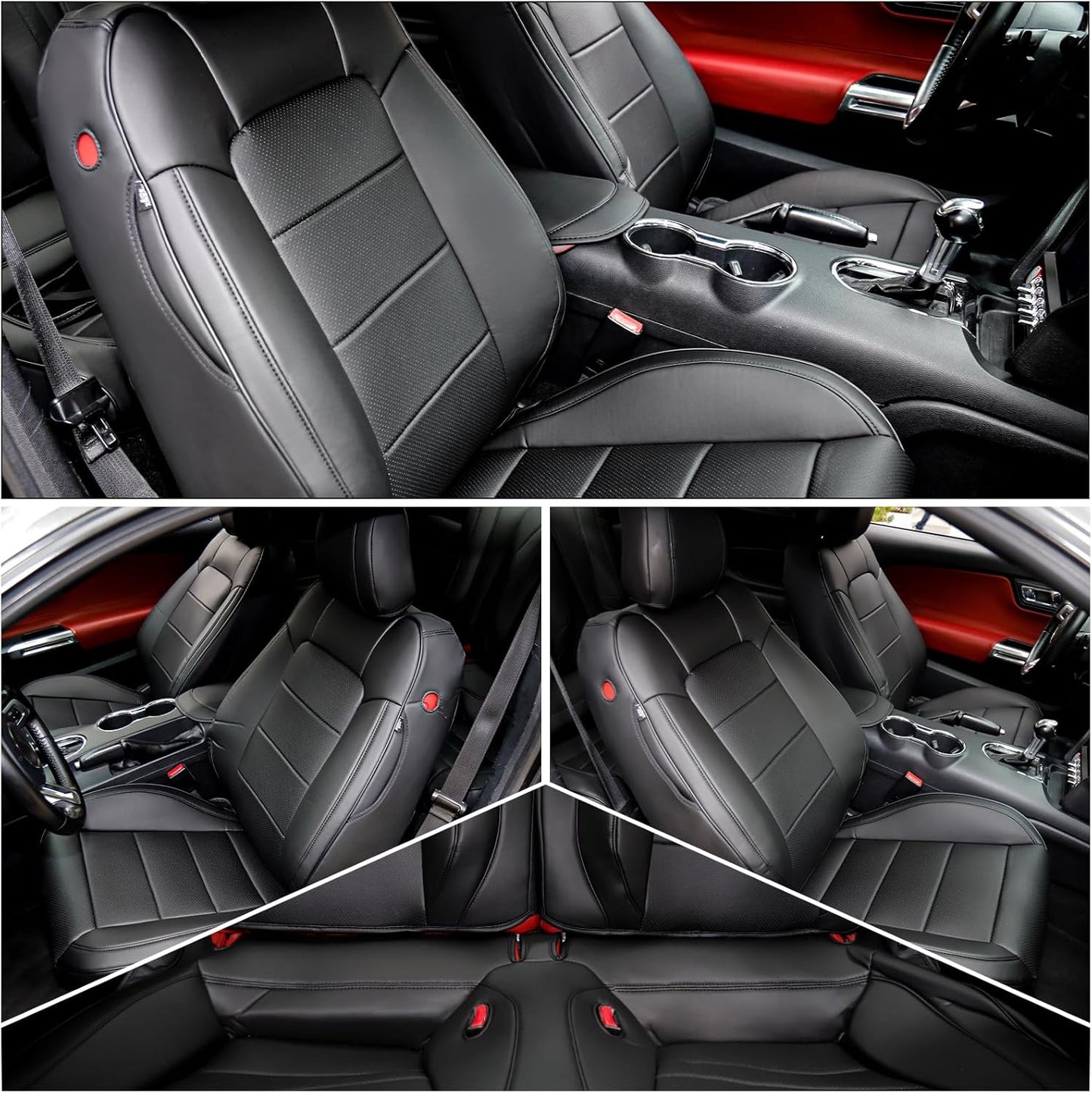 Custom Fit Ford Mustang Convertible Seat Cover 2015 2016 2017 2018 2019 2020 2021 2022 2023 2024 2025 2026, Faux Leather Car Seat Cover Full Set (Convertible-Red+Balck)