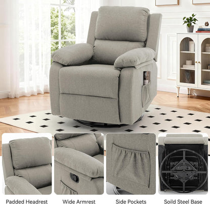 Korser Recliner Chair, 360 Swivel Rocker Chair for Adults, Small Rocking Recliner for Small Spaces, Upholstered Fabric Glider Recliner Nursery