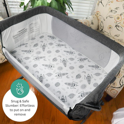 Bassinet Sheets for Papablic, CoZee, Cowiewie, Ezebaby, Nawahev Baby Bassinet Bedside Sleeper by TansyPanda, 3PC, 33x20, Ultra Soft, Breathable Snug Fit, Unisex Boys Girls, Gray White (Space Rockets)