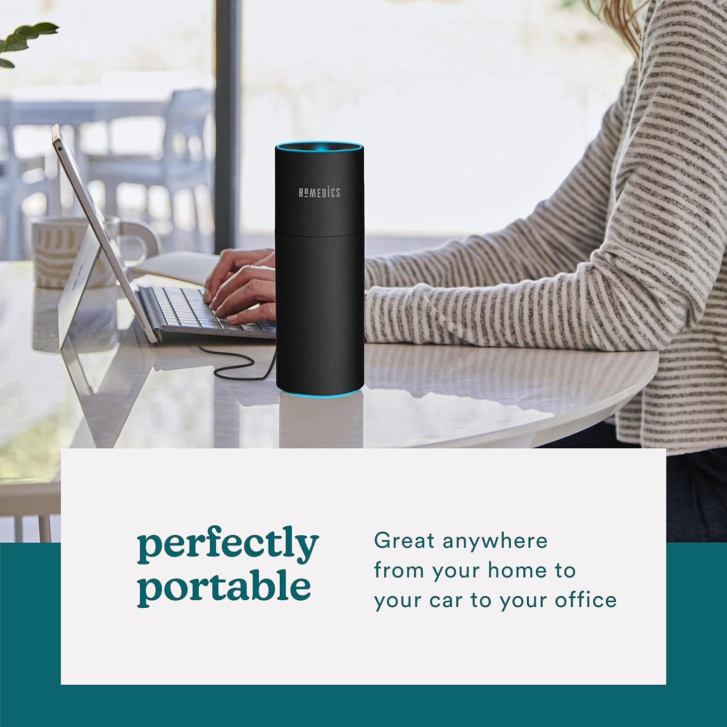 Homedics Portable Humidifier - Small Air Humidifiers for Bedroom, Plants, Office, Travel - Cool Mist Humidifiers, Color-Changing Accent Light, 2 Mist Settings, Matte White