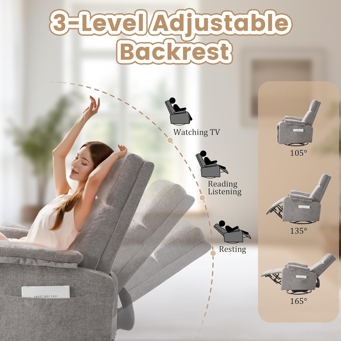 Korser Recliner Chair, Swivel Rocking Recliner Chair for Adults, Glider Rocking Chair, Small Nursery Chair Recliner for Living Room, Reclining Chair with Modern-Designed Armrests, Chenille, Beige