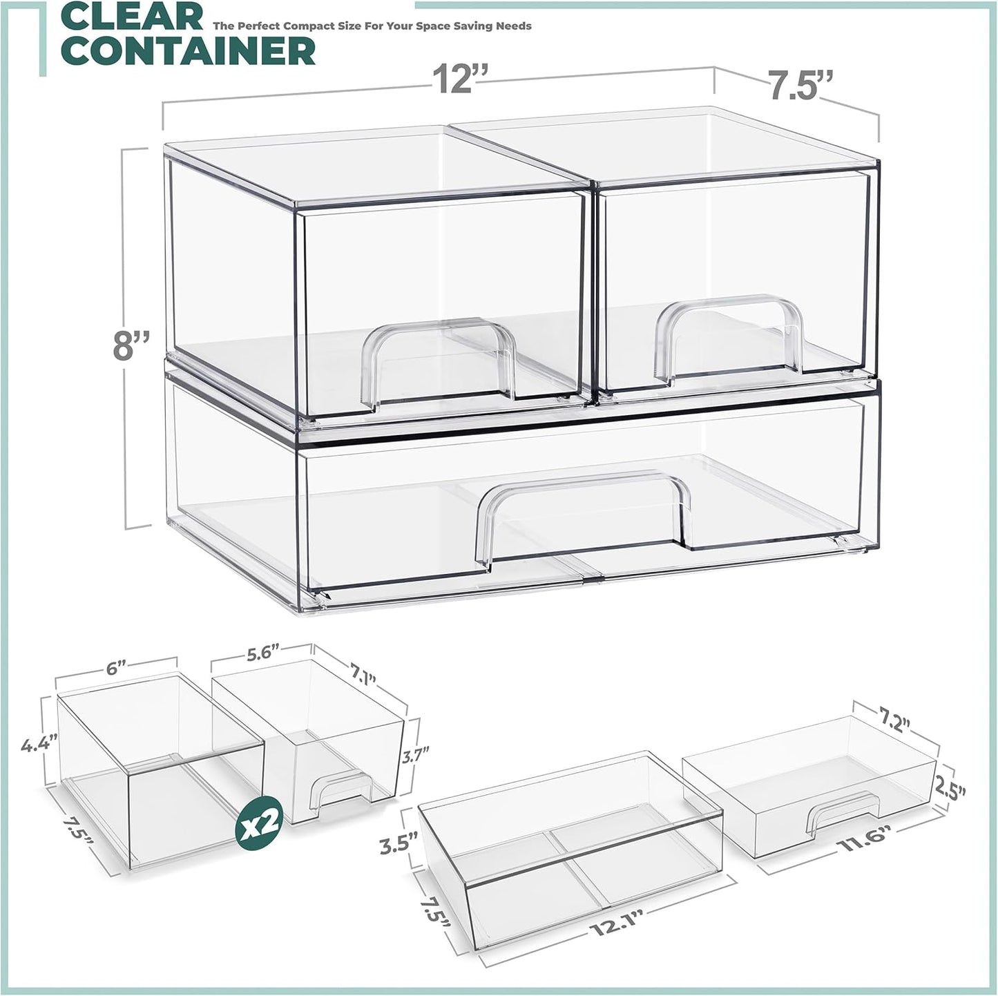Sorbus Stackable Acrylic Storage Drawers – 2 Small + 2 Tall + 1 Wide – 5 Pack Clear Plastic Organizer Bins for Baby Bottles, Makeup, Bathroom & Vanity, Pull-Out Drawer Design for Kitchen Cabinets
