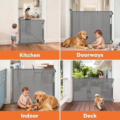 (2 Pack) Retractable Baby Gates for Doorways, Mesh Dog Gate for Stairs, Pet Gate Indoor, Extends to 55" Wide 33" Tall, Safety Toddlers Gates for Hallways, Indoor & Outdoor Use, Gray