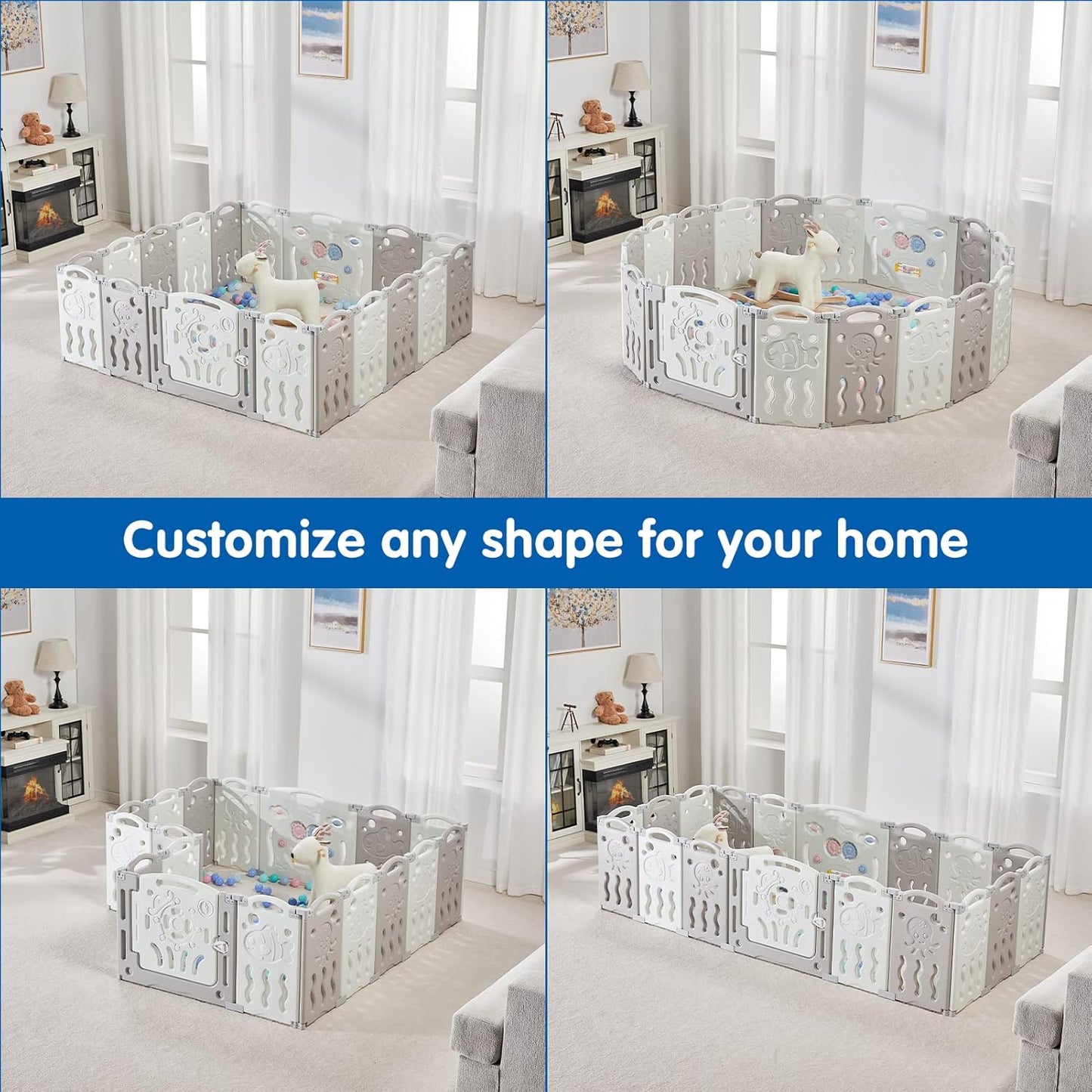 Albott Baby Fence Kid Playpen 18 Panel Albott Play Yard - Foldable Kids Safety Activity Center Playard Safety Lock Gate,Adjustable Shape, Portable Design for Indoor and Outdoor (18 Panel, Grey+White)