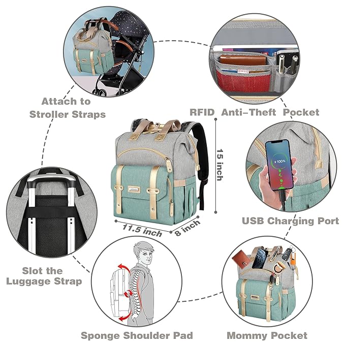 Jiefeike Diaper Bag Backpack,Dad Mom Travel Backpack Diaper Bag for Baby Boys Girls,Insulated Pockets Portable Baby Nappy Bags RFID Anti-Theft Water-Resistant Pocket Stroller