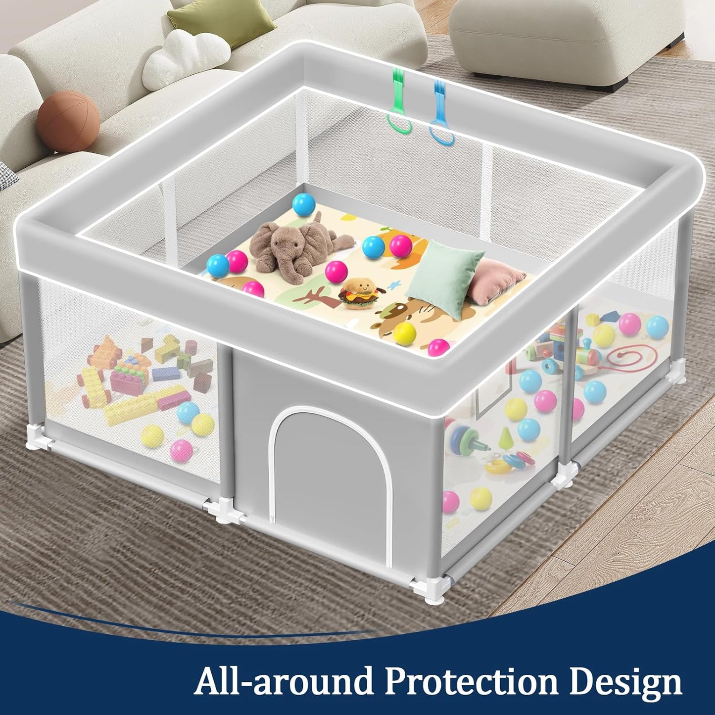 Baby Playpen with Mat, 50x50 Inch Playpen with Mat Waterproof for Babies and Toddlers Play Pen Playards Safety Gate Fence Active Center Indoor