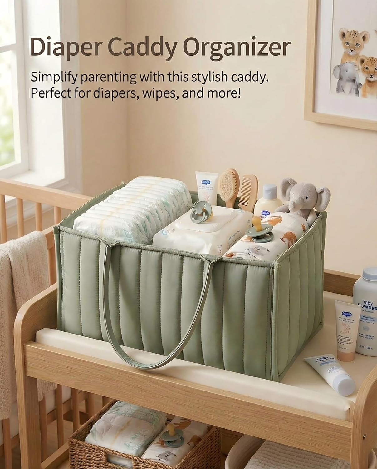 Baby Diaper Caddy Organizer-Large Nursery Storage Basket for Changing Table and Car - Portable Newborn Essentials & Wipes Bin - Gift for Baby Shower and Registry Must-Have (Forest Green)