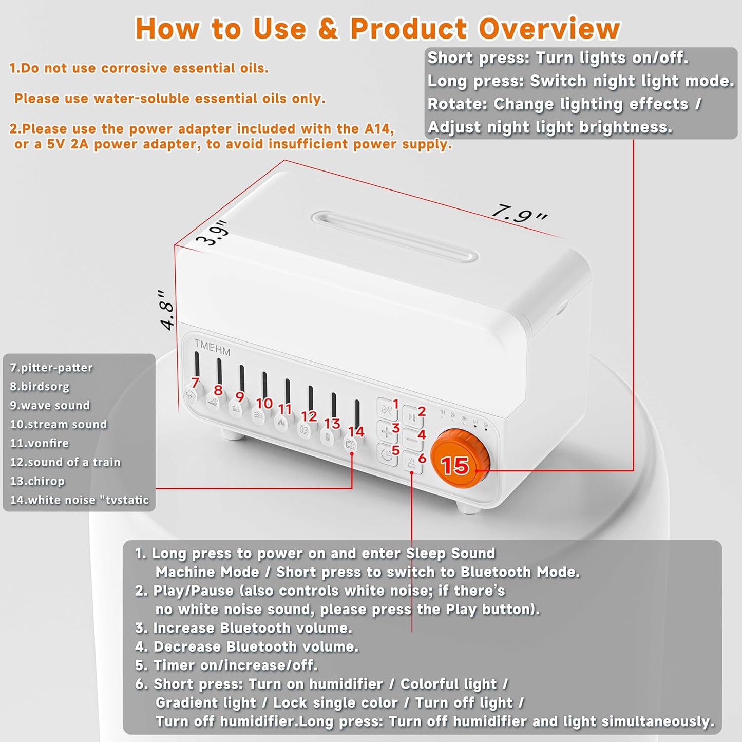 TMEHM 4-in-1 Sleep Sound Machine with White Noise & 8 Nature Sounds, Bluetooth Speaker, Night Light & Aroma Diffuser with Timer for Baby, Kids and Adults (Matte White)