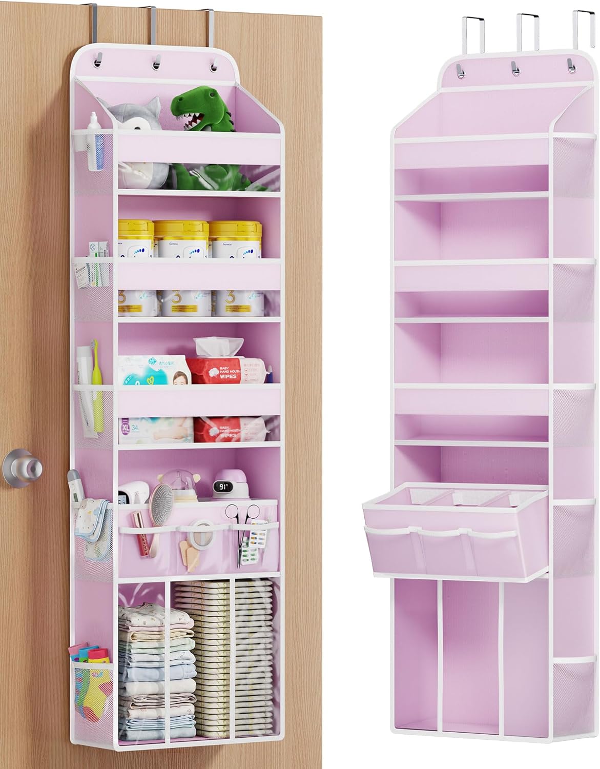 OneDream Over the Door Organizer for Nursery, 5-Tier Baby Clothes Organizer with Removable Storage Caddy, Hanging Behind Door Storage with Clear Pockets and Side Mesh Compartments, Grey