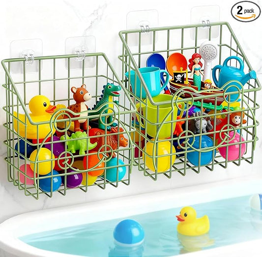 Greentainer 2 PackBath Toy Organizer, Wall Mounted Shower Storage Basket - Metal Bathtub Toy Holder with Hooks for Sorting Kids Toys, Baby Bath Accessories, Toiletries & Shampoo（Green frog）