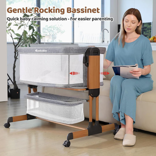 Ezebaby 3-in-1 Rocking Bassinet for Baby Adjustable Baby Bassinets Bedside Sleeper with Wheels Storage Basket and Mesh Sides for Newborn Infant
