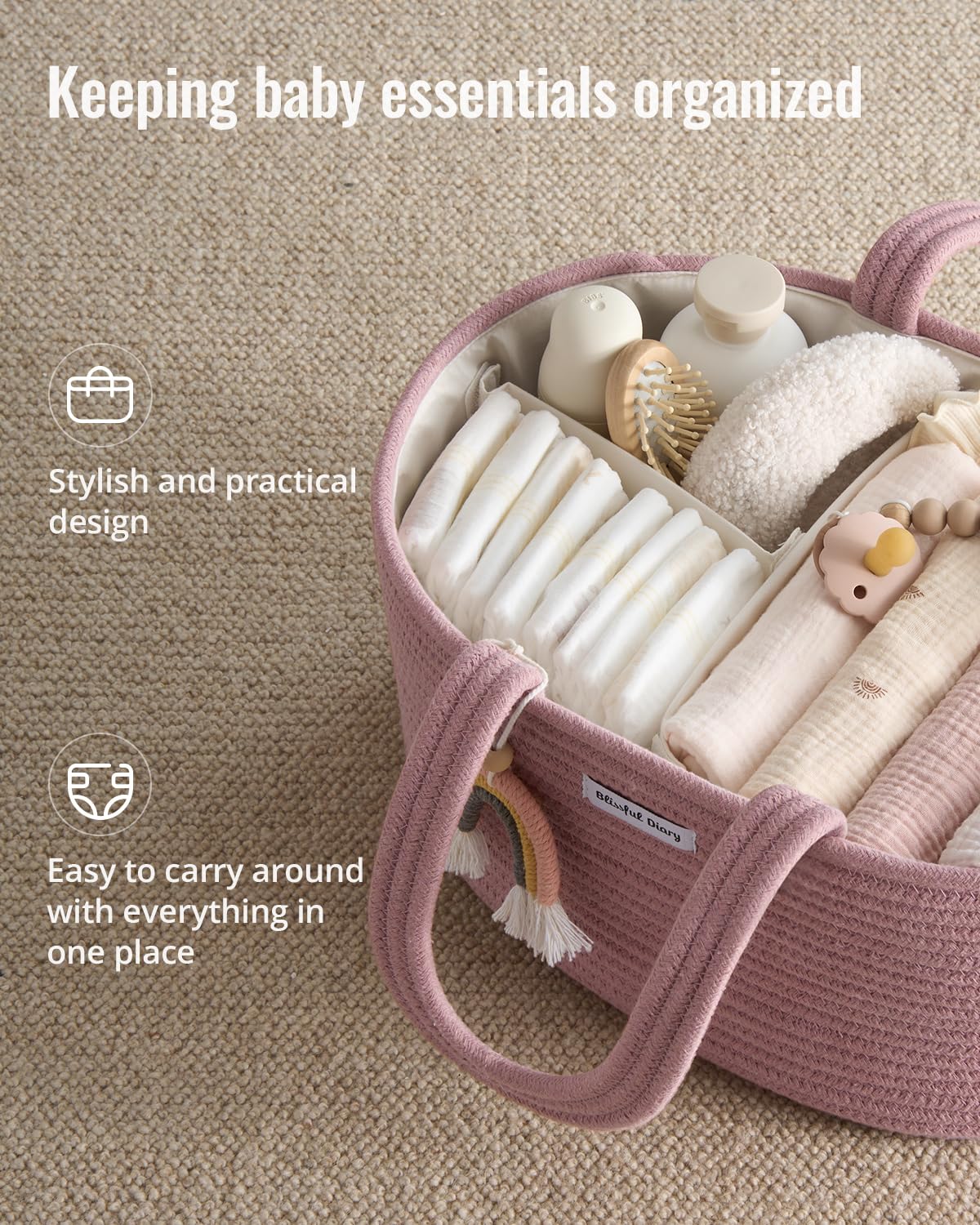 Blissful Diary Baby Diaper Caddy Organizer, Cotton Rope Diaper Caddy Basket, Large Storage Basket for Newborn Boys and Girls, Gift for Baby Shower List, Newborn Essentials, Earthy Rainbow