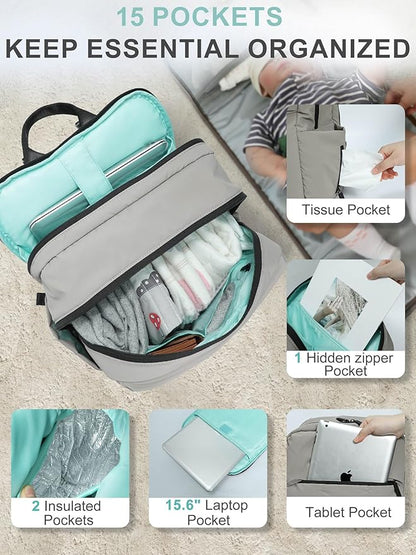 MOMINSIDE Diaper Bag Backpack - Large Puffer Diaper Bag - Neoprene Diaper Bag Quilted Baby Bag, Large Changing Pad, 15 Pockets, Lightweight, Grey
