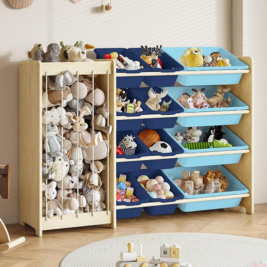 EXPERLAM Kids Toy Storage Organizer, 2-in-1 Stuffed Animal Storage & Toy Organizer w/12 Bins, Solid Wood Toy Rack Featuring Thicker Elastic Ropes, Playroom Nursery Bedroom Storage, Blue