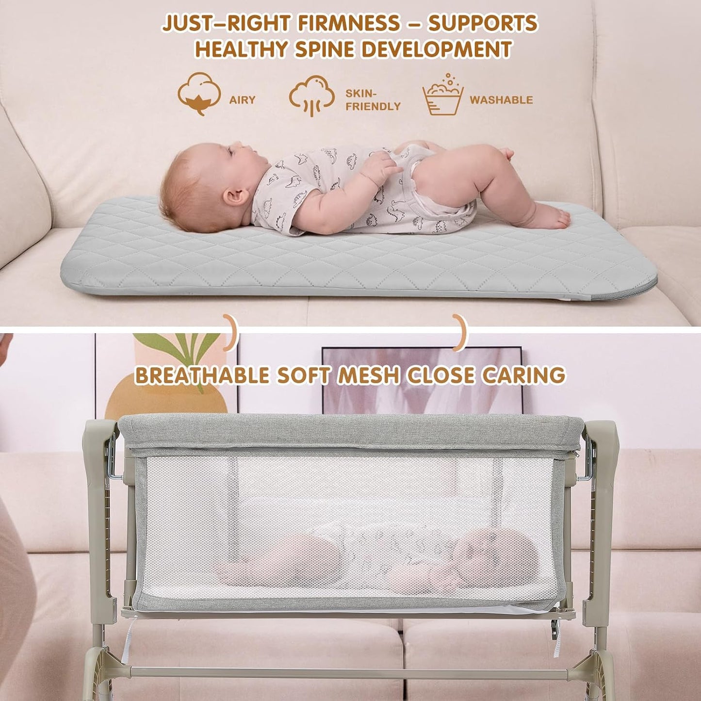 Ezebaby Baby Bassinet Bedside Crib, 3-in-1 Rocking Bassinets Bedside Sleeper with Comfy Mattress and Wheels, 6-Height Adjustable, Stable and Secure Crib for Newborn Infant