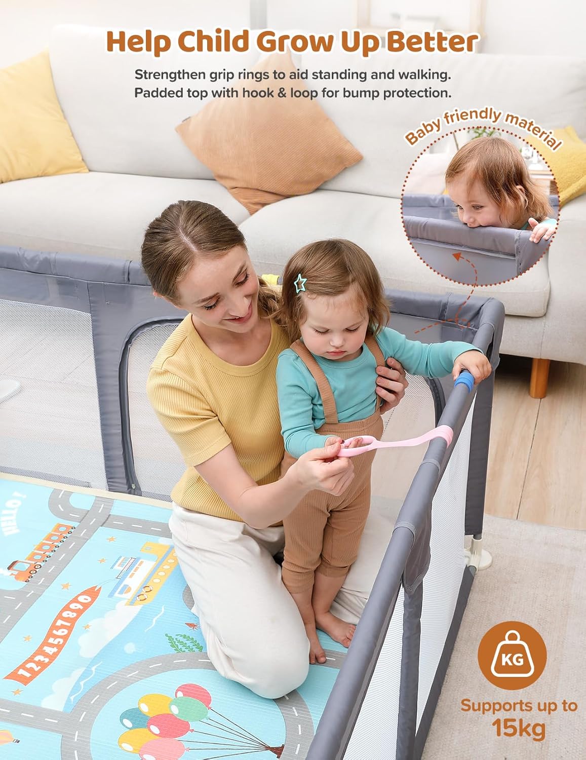 Dripex Baby Playpen, 47"x47" Small Playpen for Babies, Enhanced Safety Baby Play Yard for Indoor & Outdoor, Infant Play Pen with Soft Breathable Visible Mesh, Anti-Fall Design & Easy Setup, Grey