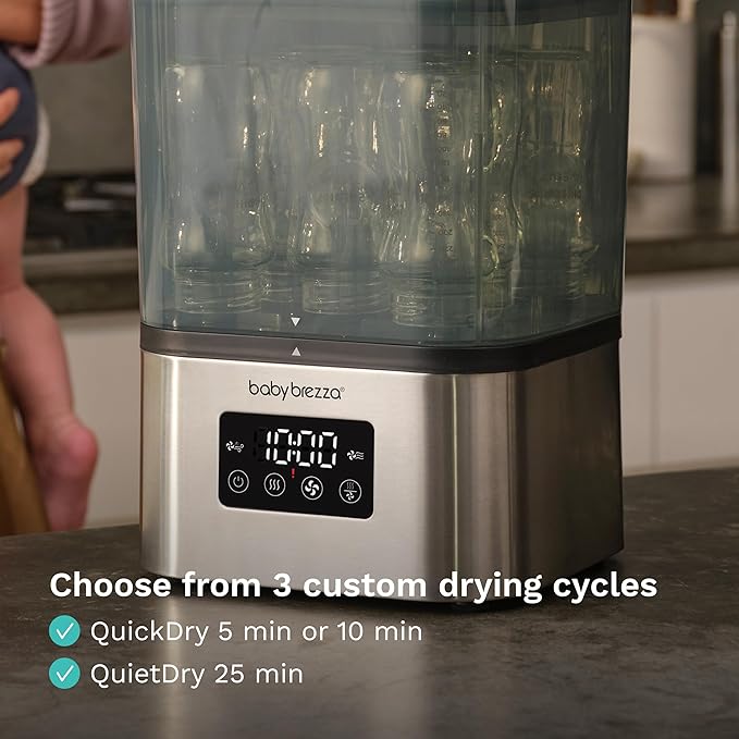 Baby Brezza 10 Minute SuperQuick Bottle Sterilizer + Dryer - Large 8 Bottle Capacity - Steam Sanitization – Universal Fit for All Bottles: Plastic + Glass + Pacifiers + Breast Pump Parts, Stainless