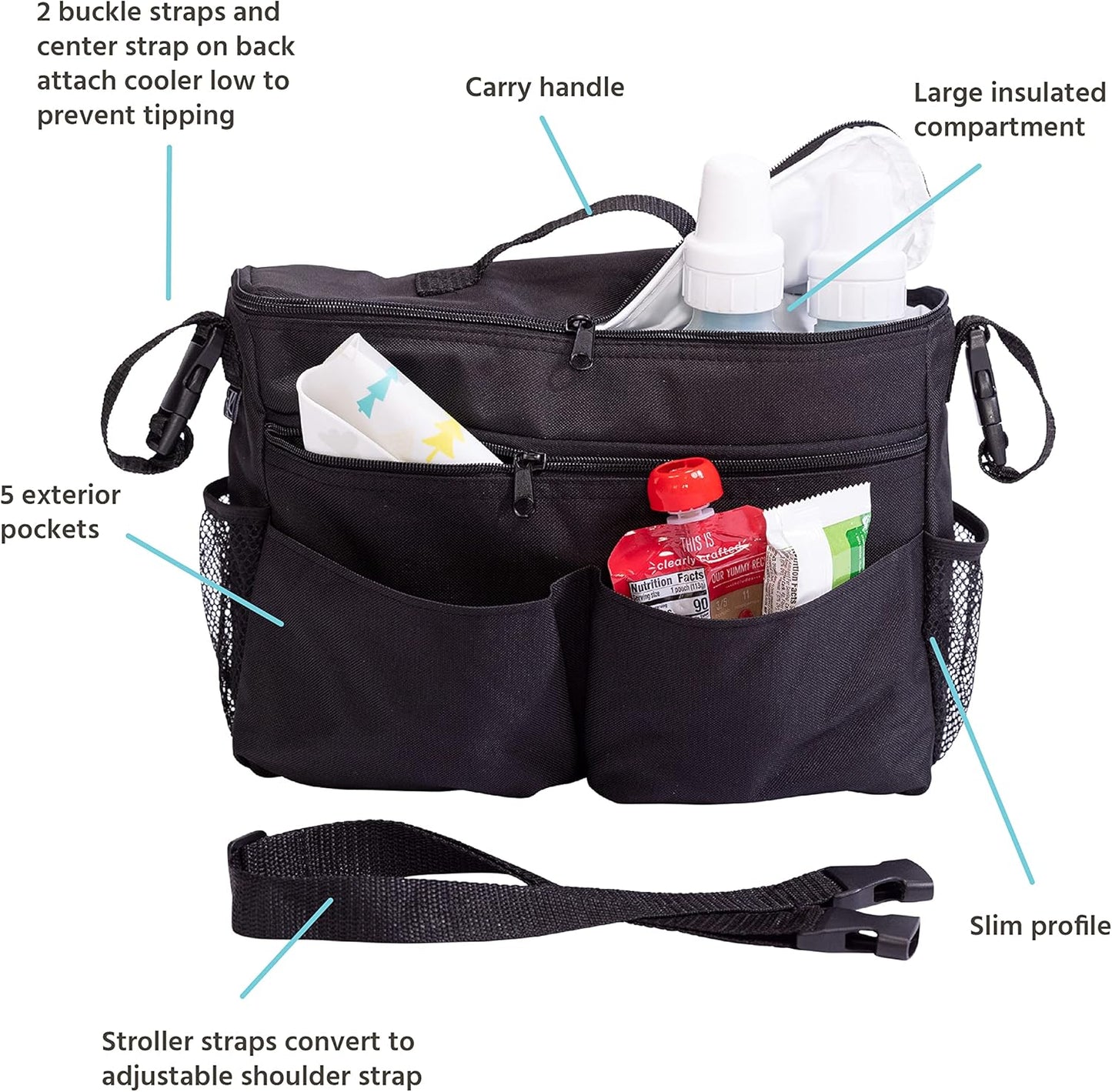 J.L. Childress Cool 'N Cargo Stroller and Wagon Cooler and Organizer - Universal Fit - Insulated - Attaches to Strollers, Wagons, Walkers and Wheelchairs - Large Capacity - Black