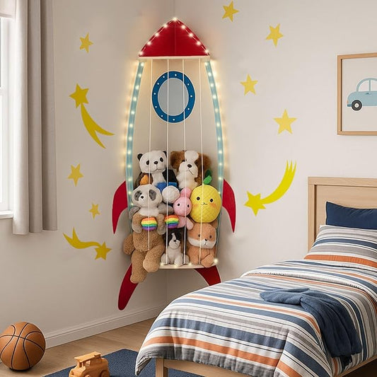 PUTSKA Nursery Furniture Hanging Organizer – Wall Mounted Stuffed Animal Storage for Baby Room, Corner Plush Collection Display & Nursery Organization System, Space-Saving Vertical Storage - Spaceship