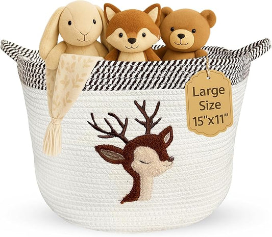 Deer Storage Basket for Nursery – Large 15”x11” Cotton Rope Bin with Soft Felt Animal Patch – Toy Organizer, Baby Laundry Hamper, Diaper & Towel Holder – Foldable, Washable & Baby-Safe