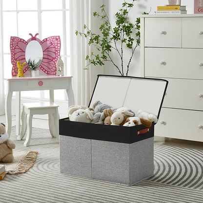 Bagnizer Large Toy Storage Box with Lids, Collapsible Sturdy Baby Storage Organizer Chest Bin Basket for Kids, Boys, Girls, Playroom, Nursery, Bedroom, Closet 25"x13"x16" (Gray and Black)
