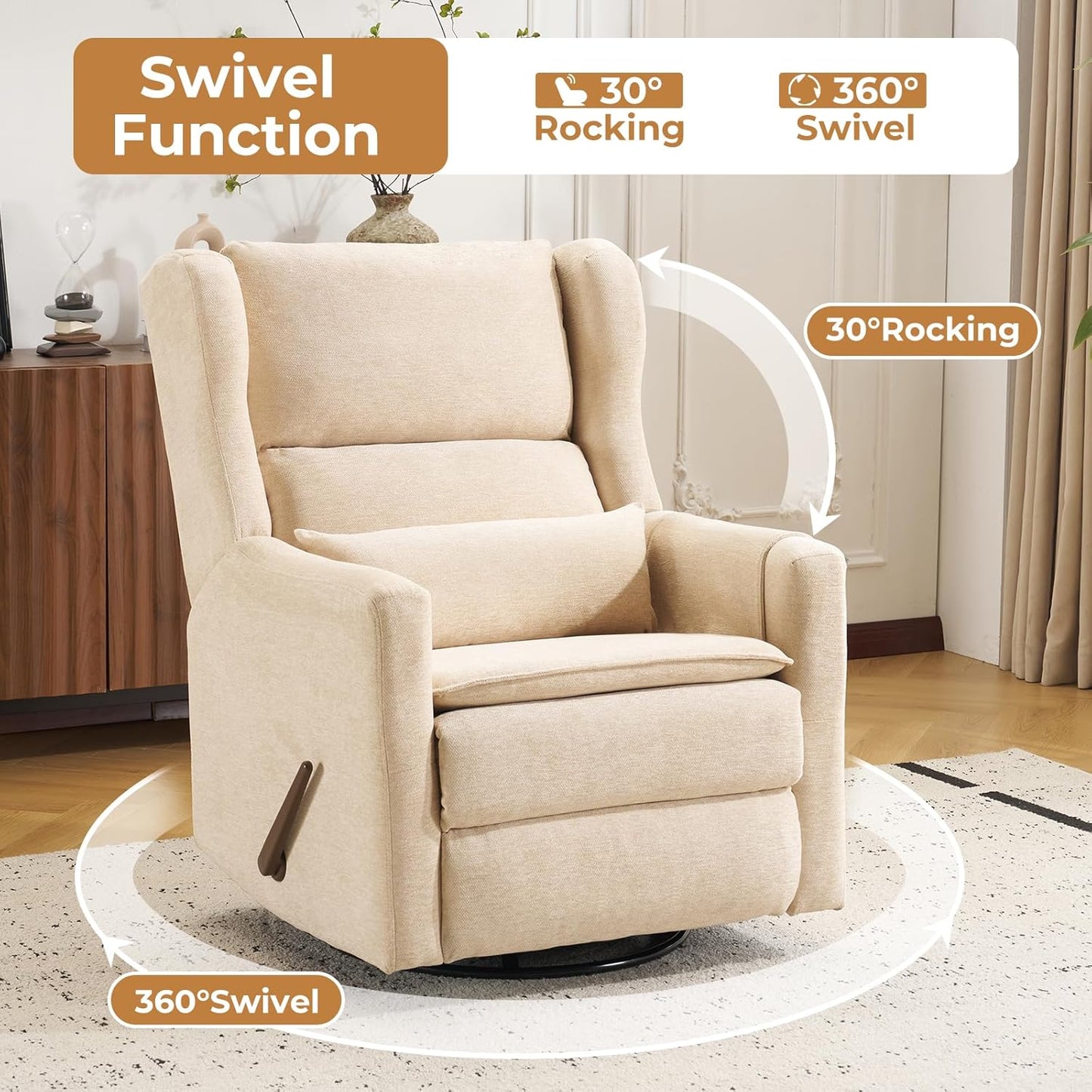 Large Glider Rocker Recliner,Rocking Chair Nursery with Adjustable Headrest,Swivel Rocker Recliner with Lumbar Support,Manual Nursery Rocker Recliner for Living Room& Bedroom,Chenille White