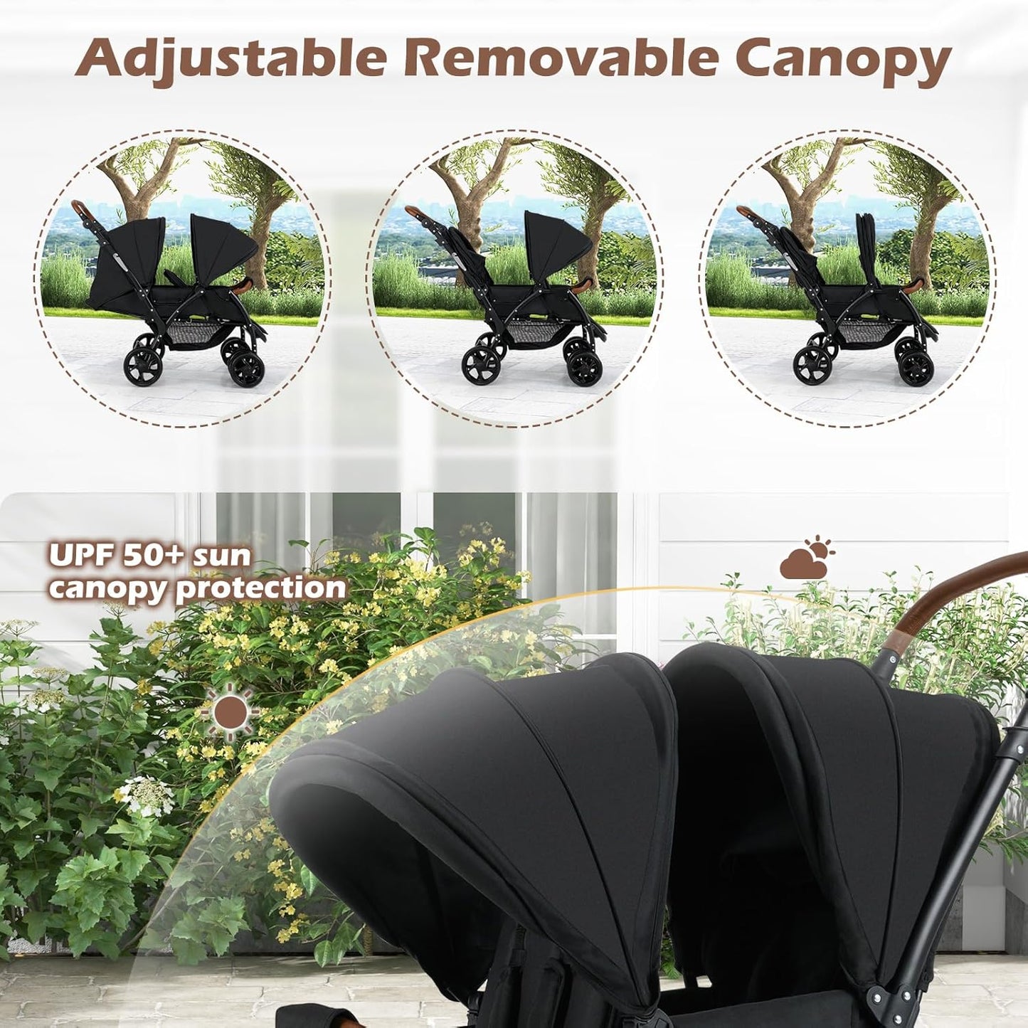 INFANS Double Stroller, Foldable Baby Tandem Stroller with Djustable Backrest Canopy Footrest, 5-Point Harness, Storage Basket, Convertible Compact Twin Stroller for Infants and Toddlers