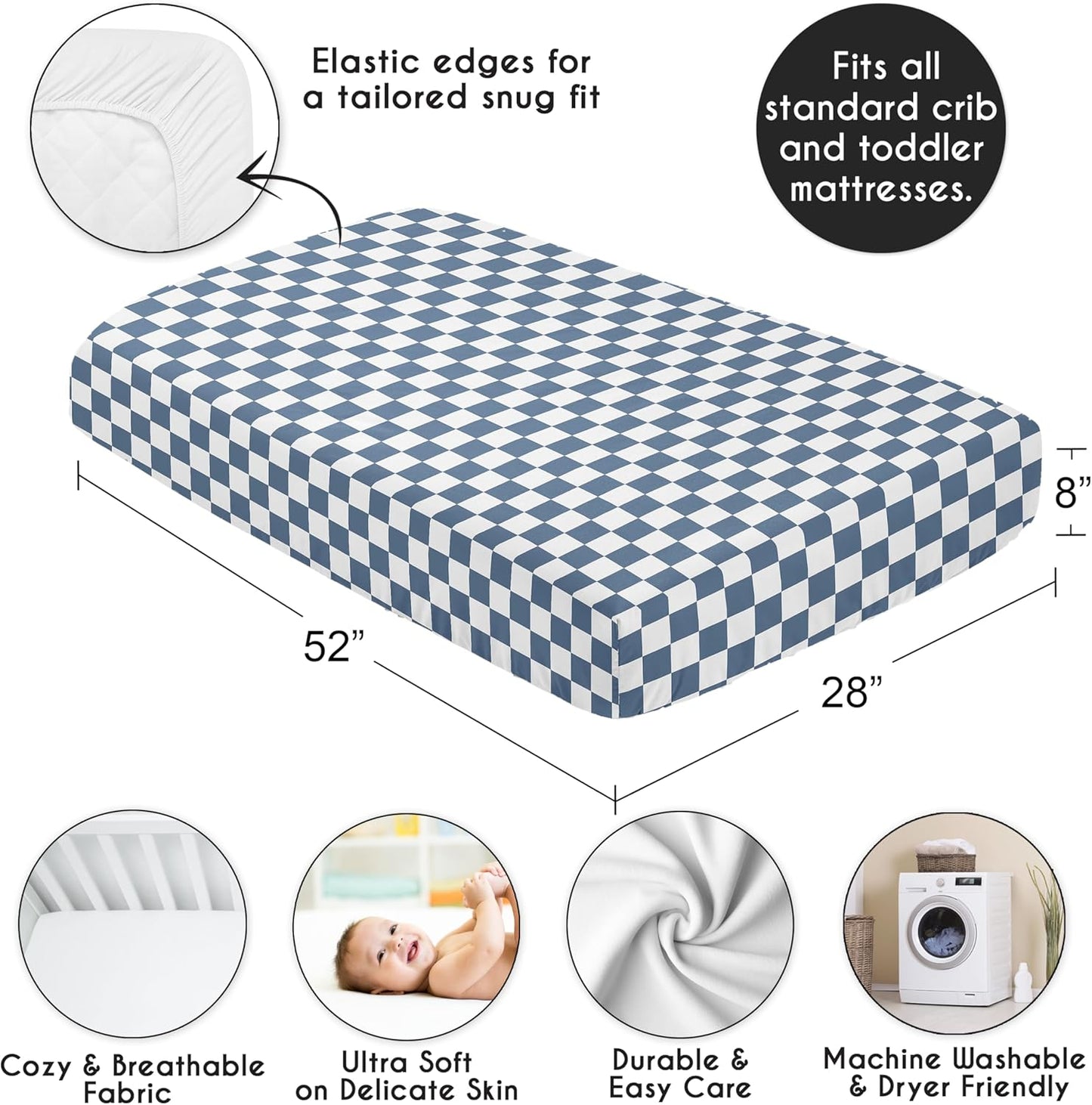 Sweet Jojo Designs 2-Piece Baby Bassinet Sheets Set (Black/White Gingham Checkered Plaid) for Boy/Girl, Infant Newborn Nursery, Oval, Rectangle & Hourglass Mattress (Solid Onyx & Classic Checkerboard)