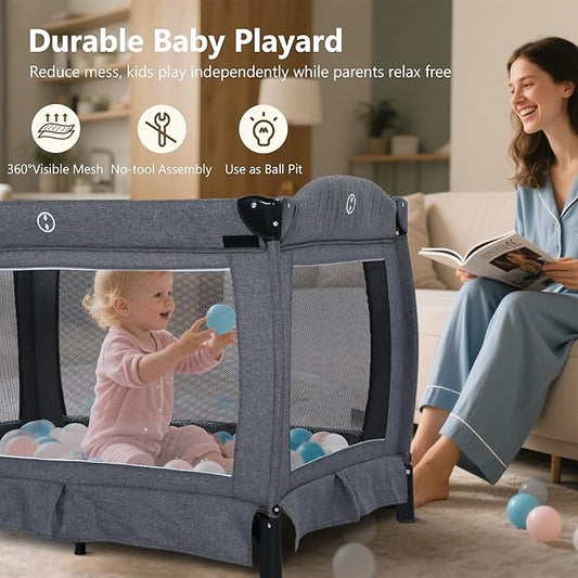 Kinder King 4 in 1 Foldable Pack and Play with Bassinet & Changing Table, Portable Playard for Babies and Toddlers, Adjustable Canopy, Storage Bag, Light Gray