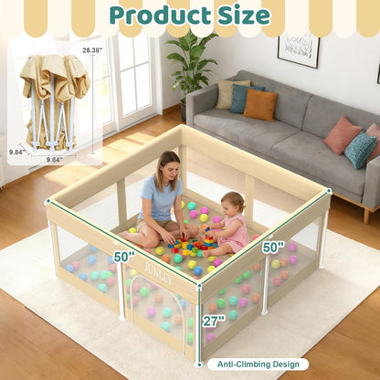 Foldable Playpen for Babies and Toddlers - 50x50 Inches Playpen with Mat - Kids Collapsible Playard with Storage Bag for Indoor & Outdoor - Baby Fence with 30 Ball & Gate - Khaki