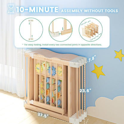 Foldable Wooden Playpen - Adjustable Wood Baby Play Yard with Child-Proof Lock, Indoor Large Safety Fence for Babies and Toddlers - Easy Assembly, 55 x 55 x 24 inches, Dino Land, Colorful