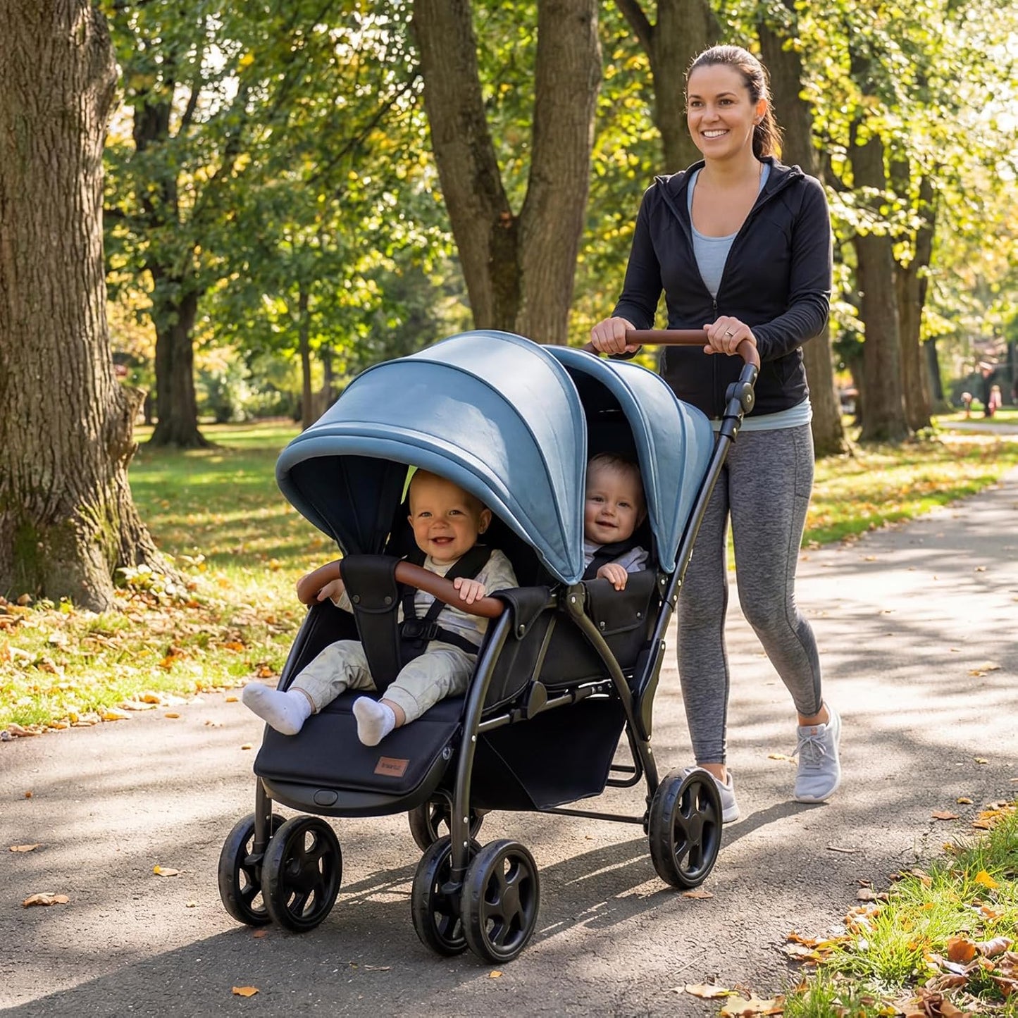 INFANS Double Stroller, Foldable Baby Tandem Stroller with Djustable Backrest Canopy Footrest, 5-Point Harness, Storage Basket, Convertible Compact Twin Stroller for Infants and Toddlers