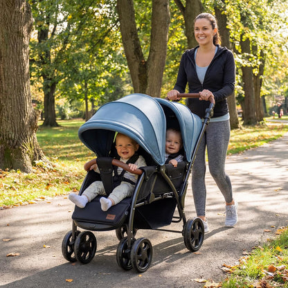INFANS Double Stroller, Foldable Baby Tandem Stroller with Djustable Backrest Canopy Footrest, 5-Point Harness, Storage Basket, Convertible Compact Twin Stroller for Infants and Toddlers